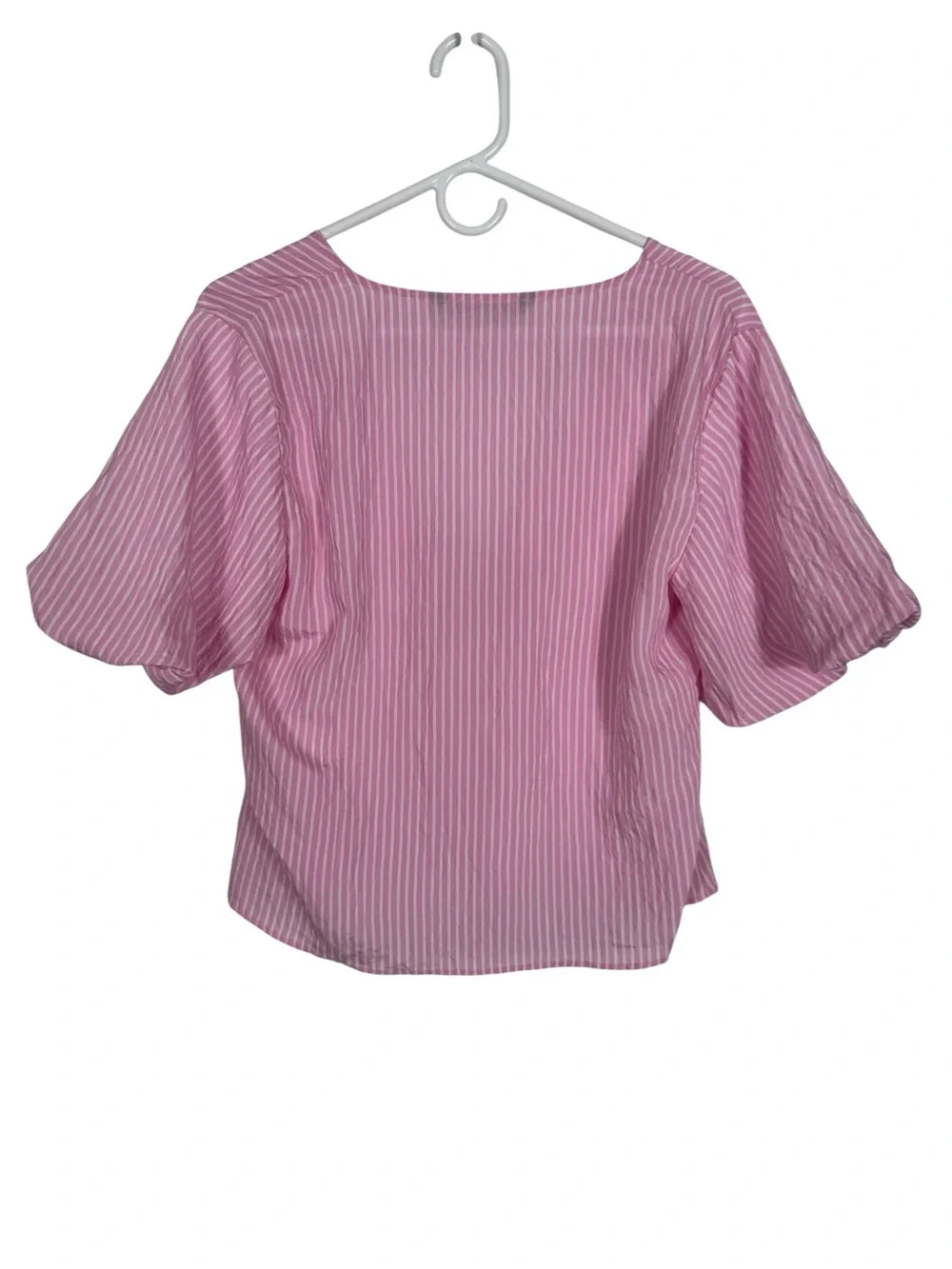 Zara Pink & White Stripe Tie Front Puff Sleeve Blouse, Size Large